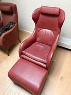 Rode Lederen Oorfauteuil met Hocker - Klassiek, Ophalen, Gebruikt, Leer, 75 tot 100 cm