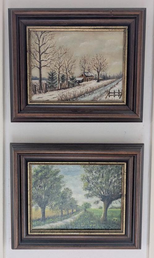 2 schilderijtjes zomer en winter, Antiek en Kunst, Kunst | Schilderijen | Klassiek, Ophalen of Verzenden