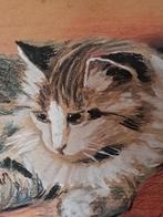 Schilderij van een liggende poes in gemengde techniek, Ophalen of Verzenden