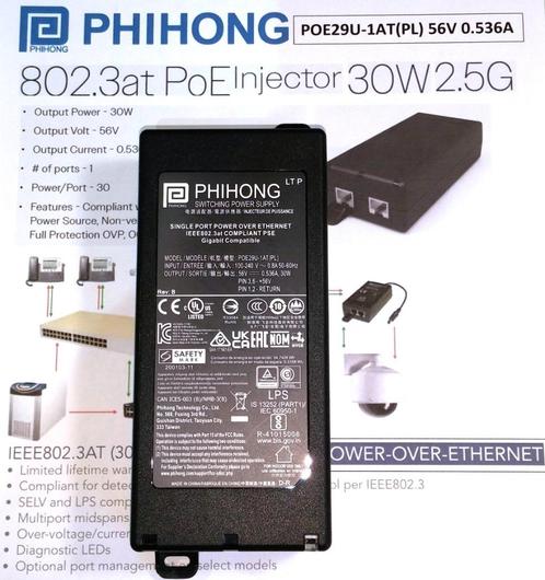 Phihong POE29U-1AT (PL) Gigabit PoE injector 56V 0.536A 30W, Computers en Software, Pc- en Netwerkkabels, Zo goed als nieuw, Ophalen of Verzenden