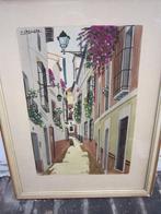 Mooie Aquarel van een Spaanse straat, mooi lijstje gesigneer, Huis en Inrichting, Minder dan 50 cm, Gebruikt, Oorspronkelijke maker