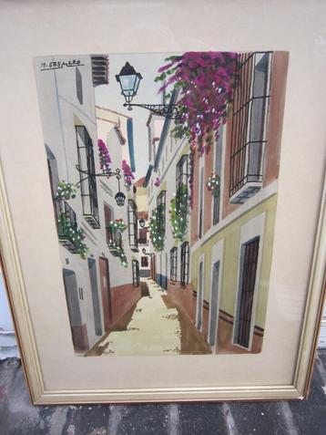 Mooie Aquarel van een Spaanse straat, mooi lijstje gesigneer beschikbaar voor biedingen
