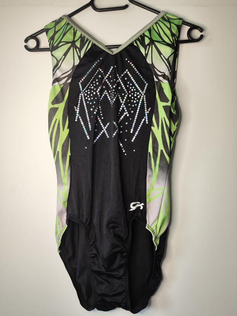 GK | turnpakje | groen zwart wit | glitters | Maat AXL, Sport en Fitness, Turnen, Zwart, Ophalen of Verzenden, Zo goed als nieuw