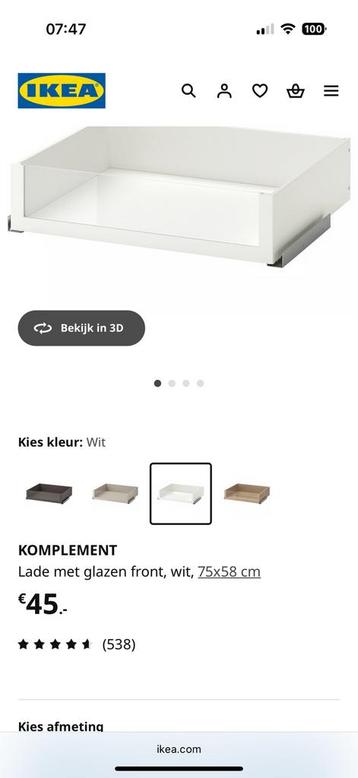 2x PAX lade met glazen front wit - KOMPLEMENT 75x58 cm