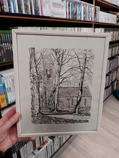 Kerk van Midwolde - Ingelijste Tekening, Antiek en Kunst, Kunst | Tekeningen en Foto's, Ophalen of Verzenden