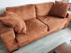 Cognac kleur suede leren bankstel met 2 fauteuils, Ophalen, 250 tot 300 cm, Zo goed als nieuw, Rechte bank