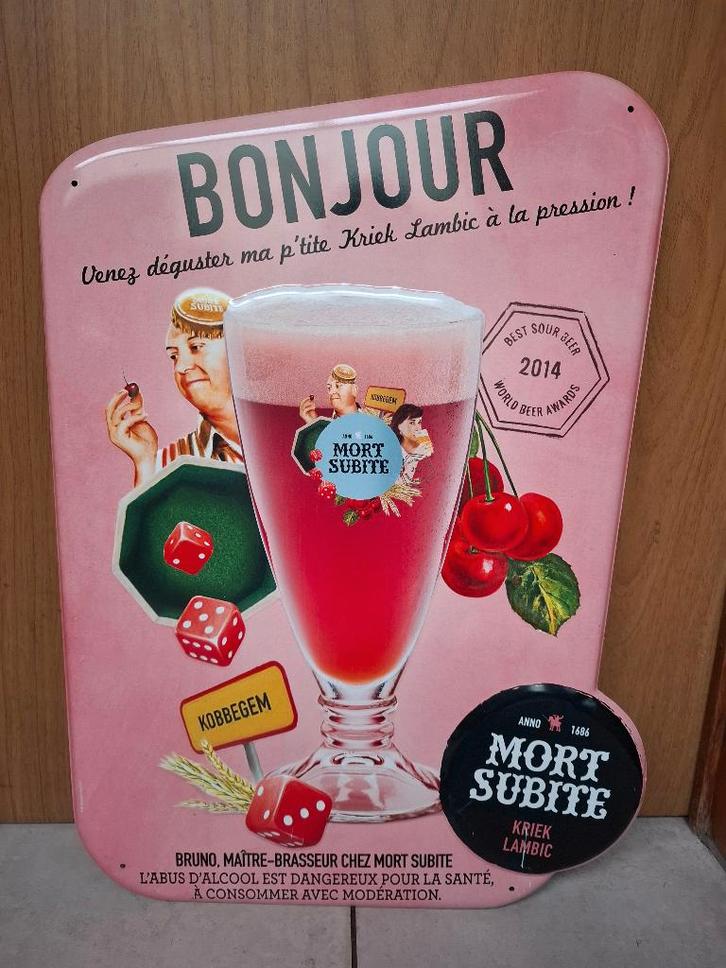 Prachtig reclamebord Mort Subite kriekbier, Verzamelen, Biermerken, Nieuw, Reclamebord, Plaat of Schild, Overige merken, Ophalen of Verzenden