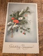 Vintage kerstkaart met paddestoelen en klavertjes vier, Verzenden, 1940 tot 1960, Gelopen, Feest(dag)