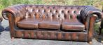 Oude Chesterfield bank bruin leer + BEZORGING GRATIS, Gebruikt, Chesterfield, Ophalen of Verzenden, Rechte bank