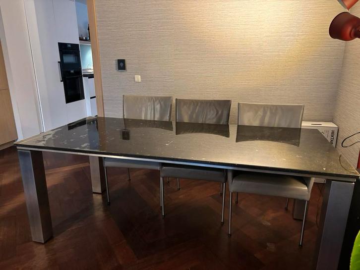 Hardstenen eettafel met 6 Bert Plantagie lederen fauteuils, Huis en Inrichting, Tafels | Eettafels, Gebruikt, 50 tot 100 cm, 150 tot 200 cm