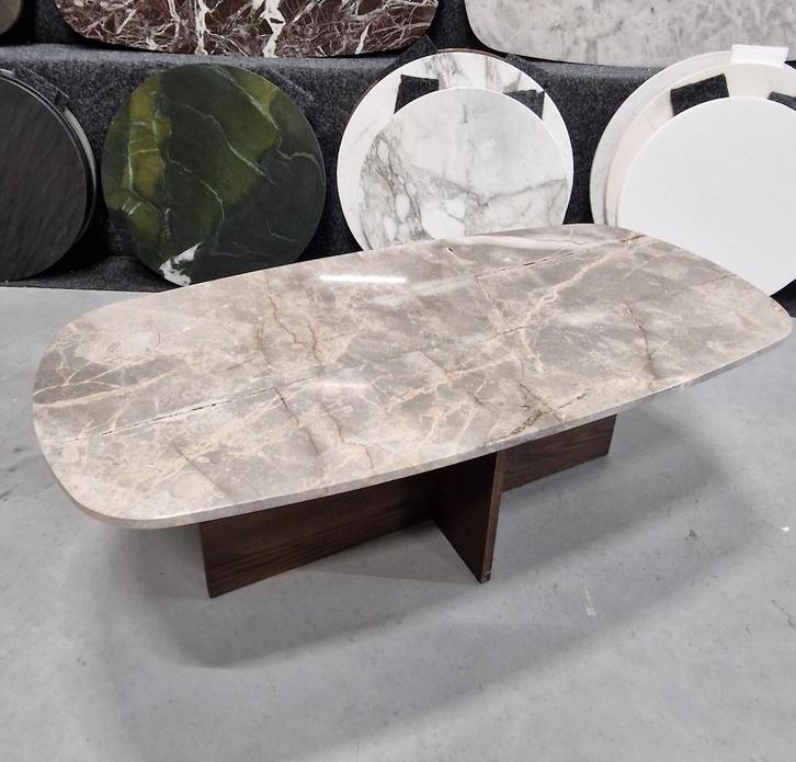 DEALS! Marmer Salontafel Deens Ovaal Eiken hout onderstel!, Huis en Inrichting, Tafels | Salontafels, Nieuw, Minder dan 50 cm