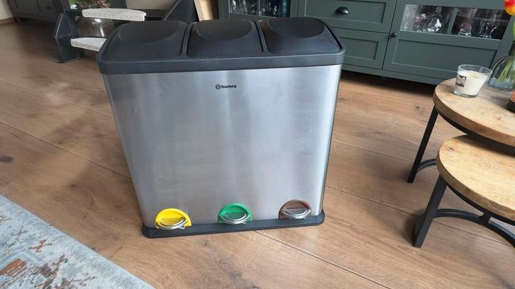 Homra Stephs Afvalscheidingsbak - 3 Vakken, Huis en Inrichting, Woonaccessoires | Prullenbakken, Gebruikt, Rvs, 50 tot 75 cm, 40 liter of meer