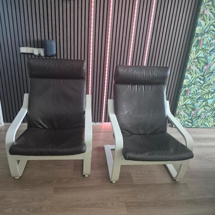 Poäng fauteuil (2x), Huis en Inrichting, Fauteuils, Gebruikt, Hout, Leer, 50 tot 75 cm, 75 tot 100 cm, Ophalen