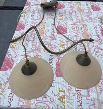 Vintage ( koper)  Hanglamp/ 2 Wandlampen met glazen Kapjes  beschikbaar voor biedingen