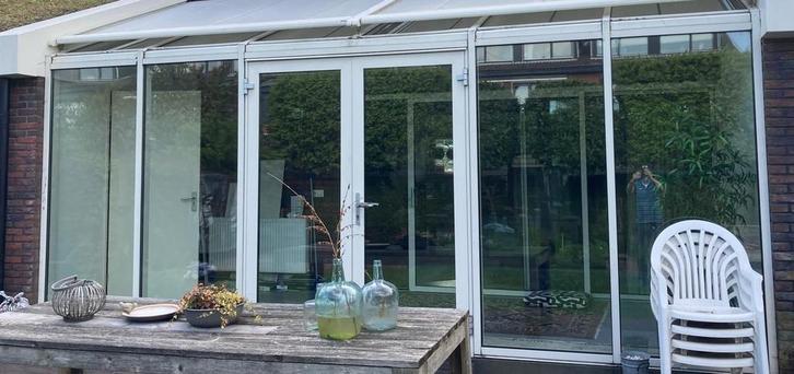 Serre Dubbele glazen deur met 4 ramen, Doe-het-zelf en Verbouw, Deuren en Horren, Gebruikt, Buitendeur, 200 tot 215 cm, 120 cm of meer