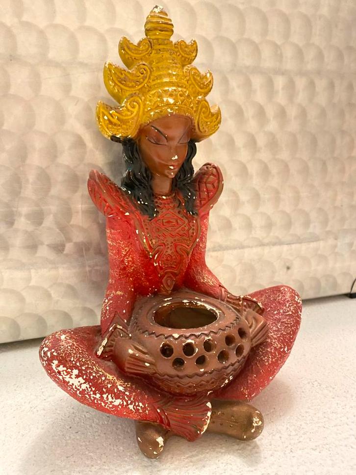 Vintage India Gipsen Beeld - Waxinelichthouder Jaren 50/60, Verzamelen, Beelden en Beeldjes, Gebruikt, Mens, Ophalen of Verzenden