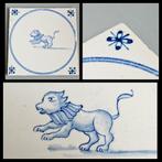 Tegel in blauw-wit,  leeuw binnen cirkel,  spinnekop, Ophalen of Verzenden
