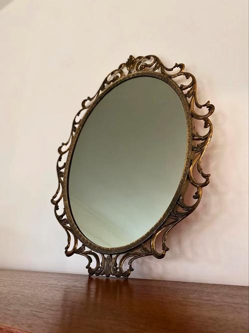 Antieke Ovale Spiegel Brons Goud Messing Kuif, Antiek en Kunst, Antiek | Spiegels, Minder dan 50 cm, Minder dan 100 cm, Ovaal