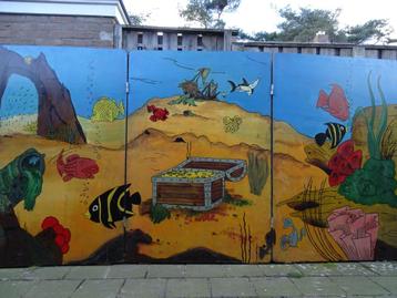 Houten decorwand / schildering oceaan, zee, vissen 3,6x1,8m beschikbaar voor biedingen