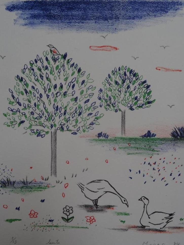kleurrijke litho ganzen bij bomen, lente Mira O. 1984, Antiek en Kunst, Kunst | Litho's en Zeefdrukken, Verzenden