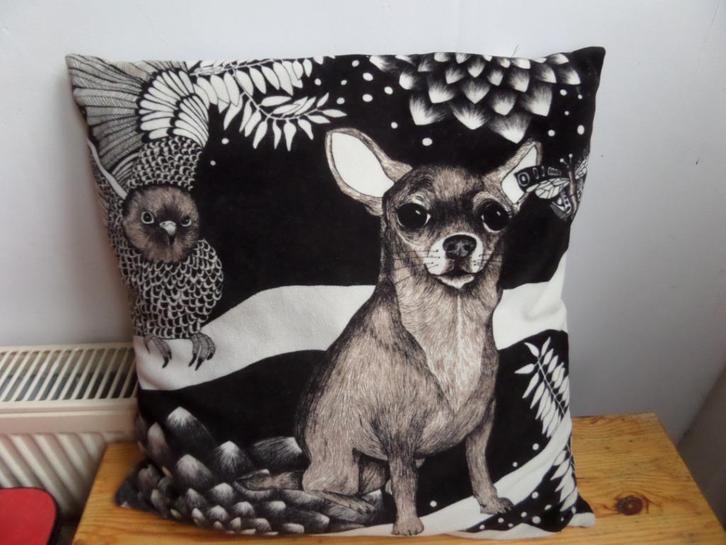 sierkussen chiuahua 45x45, Huis en Inrichting, Woonaccessoires | Kussens, Gebruikt, Bruin, Vierkant, Ophalen of Verzenden