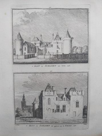 347-348 / Slot Schagen met de kerk Oude gravure 18e eeuw beschikbaar voor biedingen