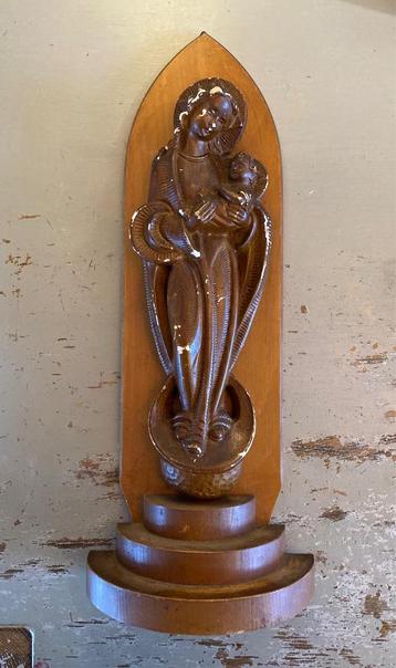 Vintage retro mid century wanddecoratie hout Maria met kind beschikbaar voor biedingen