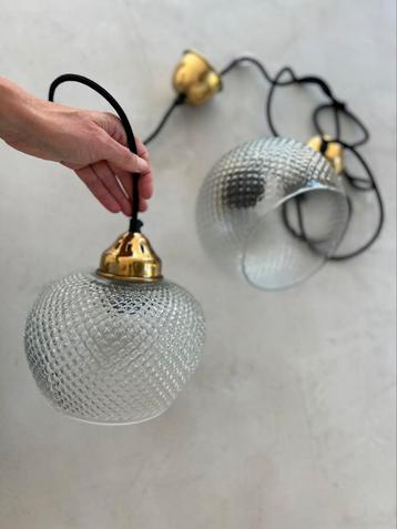 Glazen vintage hanglampen, messing details, zwart snoer beschikbaar voor biedingen