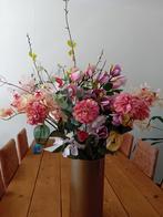 Grote bos zijde kunst bloemen met goud kleur vaas, Ophalen of Verzenden, Zo goed als nieuw