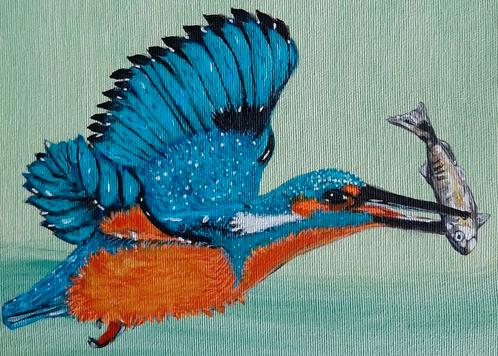 IJsvogel met visje schilderij in kleurrijk acryl op canvas, Antiek en Kunst, Kunst | Schilderijen | Modern, Ophalen of Verzenden