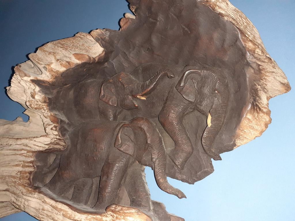 Drijfhout olifanten wanddecoratie houtsnijwerk, Ophalen, Zo goed als nieuw