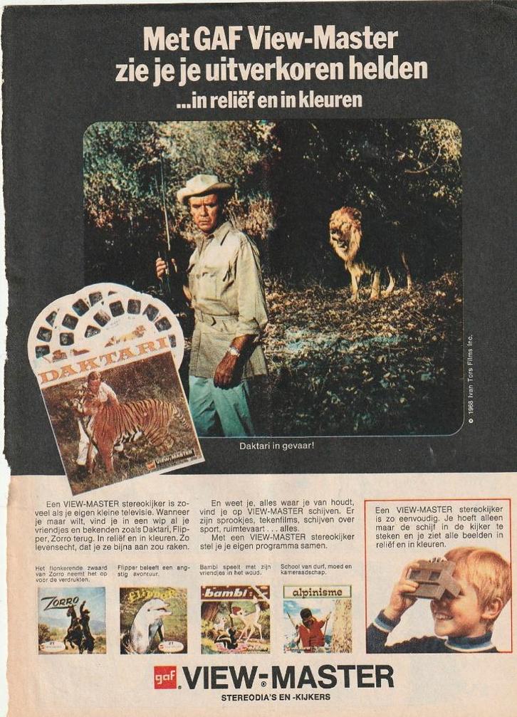 Retro reclame 1971 View-Master speelgoed Daktari Bambi, Verzamelen, Retro, Overige typen, Verzenden