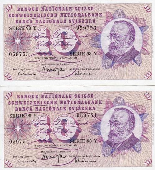 Zwitserland, 10 Francs, 1977, XF, 2 opeenvolgende nummers, Postzegels en Munten, Bankbiljetten | Europa | Niet-Eurobiljetten, Los biljet