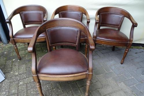 4 Kuipstoelen met lederen bekleding, Huis en Inrichting, Stoelen, Gebruikt, Vier, Hout, Leer, Ophalen