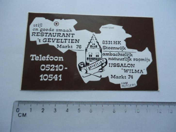 sticker'oud Steenwijk WILMA ijs fam rutgers geveltien resto, Verzamelen, Stickers, Zo goed als nieuw, Bedrijf of Vereniging, Ophalen of Verzenden