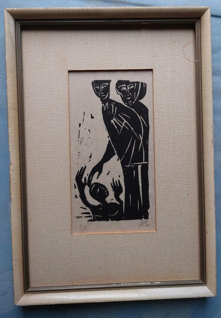 Houtsnede 1961 baptising? gesigneerd, Antiek en Kunst, Kunst | Etsen en Gravures, Ophalen of Verzenden