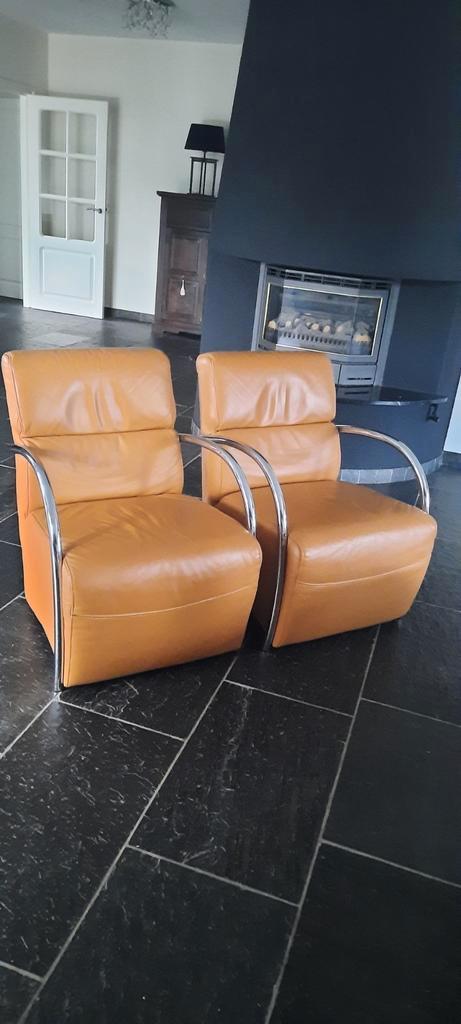 lederen fauteuils met chroom armleuningen, Huis en Inrichting, Fauteuils, Gebruikt, Leer, Metaal, 75 tot 100 cm, Minder dan 75 cm