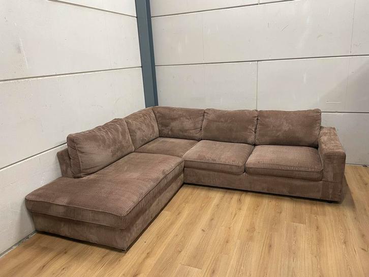 Mooie luxe licht bruine taupe ribstof hoekbank - GEREINIGD!!, Huis en Inrichting, Banken | Bankstellen, Zo goed als nieuw, Hoekbank