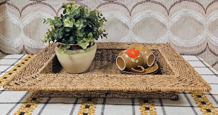 Groot gevlochten dienblad - 48 x 35 x 6 cm, Huis en Inrichting, Woonaccessoires | Dienbladen, Zo goed als nieuw, Overige materialen