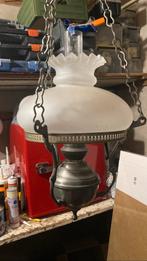Tinnen petroleumlamp 1895 - 1910, omgebouwd, Huis en Inrichting, Lampen | Hanglampen, Ophalen of Verzenden, Gebruikt, Glas, Minder dan 50 cm