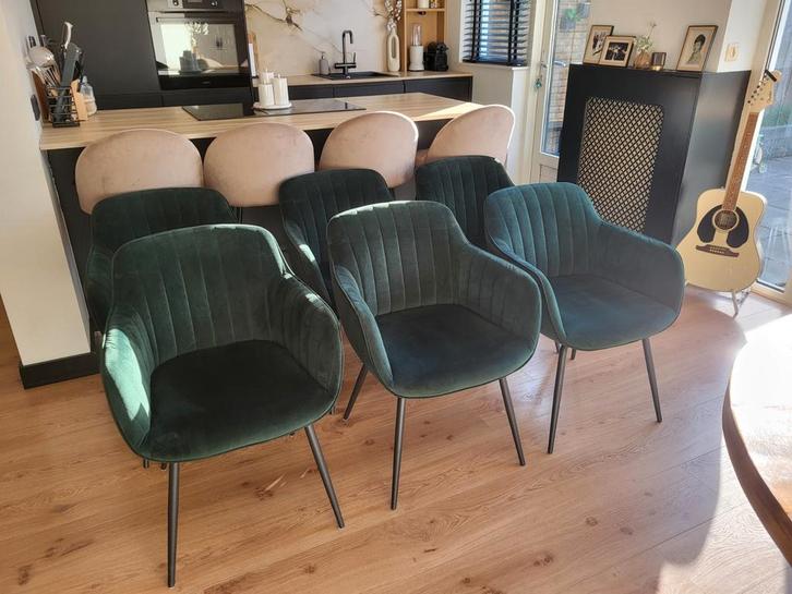 Eetkamerstoelen Como groen 6x, Huis en Inrichting, Stoelen, Zo goed als nieuw, Vijf, Zes of meer stoelen, Stof, Overige kleuren