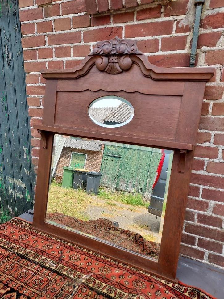 Art Nouveau spiegel, eiken lijst met gestoken kuif., Antiek en Kunst, Antiek | Spiegels, 50 tot 100 cm, 100 tot 150 cm, Rechthoekig