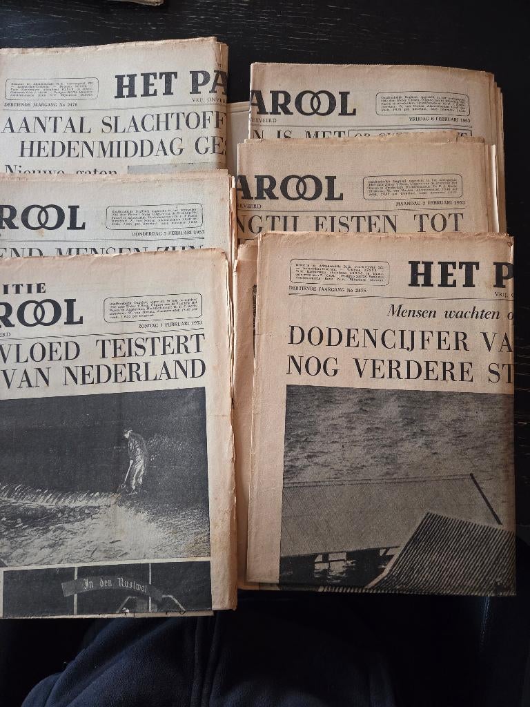 6 kranten Parool 1953 storm watersnoodramp, Verzenden, Gelezen, Krant