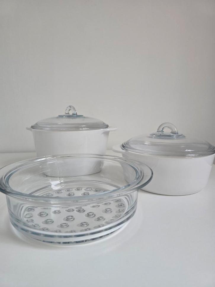 Pannenset - Vintage Koken, Huis en Inrichting, Keuken | Potten en Pannen, Gebruikt, Pannenset, Glas, Ophalen