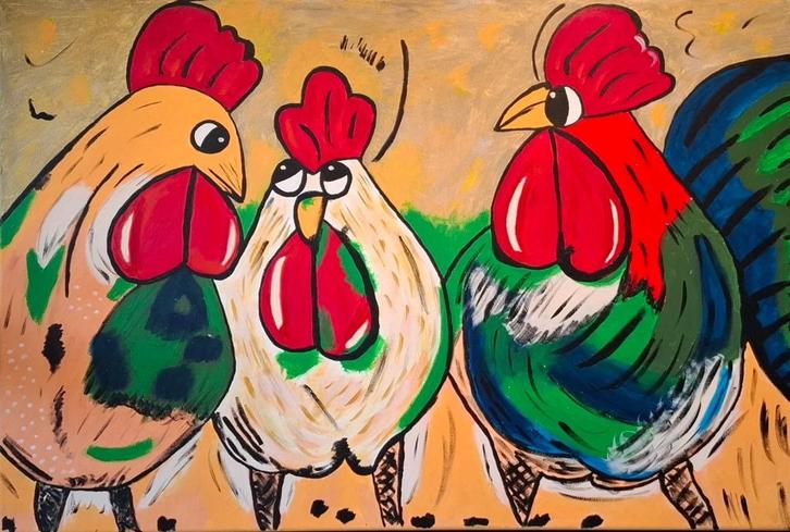 Kleurrijk schilderij met kippen, Antiek en Kunst, Kunst | Schilderijen | Abstract, Ophalen