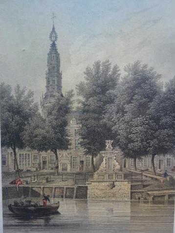 Staalgravure Vismarkt Leiden met kerk, GM Kurz, 1858 beschikbaar voor biedingen