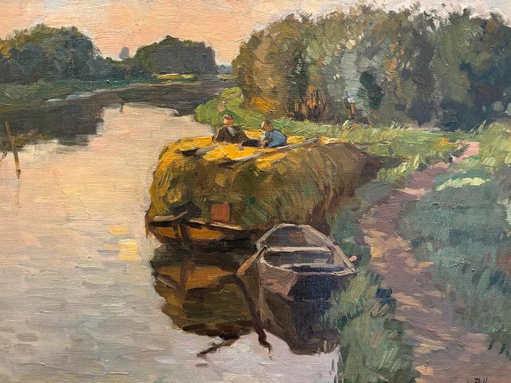 Boeren rustend op platbodem met hooi - Ben Viegers, Antiek en Kunst, Kunst | Schilderijen | Klassiek, Ophalen