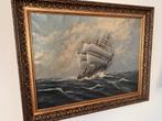 Schilderij - Zeilschip op woelige baren - 90x70 cm, Antiek en Kunst, Kunst | Schilderijen | Klassiek, Ophalen