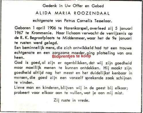 Roozendaal Alida 1906 Harenkarspel 1967 Krommenie Middenmeer, Verzamelen, Bidprentjes en Rouwkaarten, Bidprentje, Ophalen of Verzenden