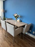 Montel Massief Eiken Houten Eettafel set + 4 Leren Stoelen, Zo goed als nieuw, 150 tot 200 cm, Vier personen, Rechthoekig